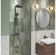Modernes Badezimmer mit Dusche, Waschbecken und Spiegel