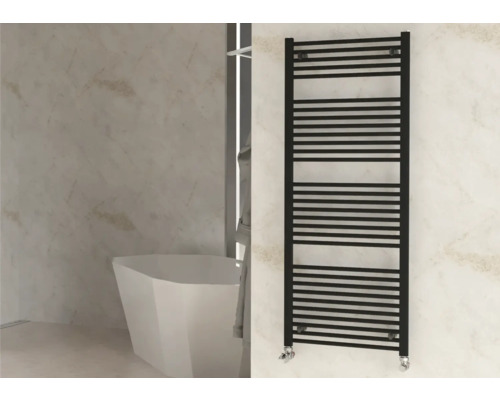 Designheizkörper Rotheigner SOLID 1500x600 mm schwarz Anschluss Beidseitig unten Badezimmer mit Badewanne und schwarzem Handtuchwärmer