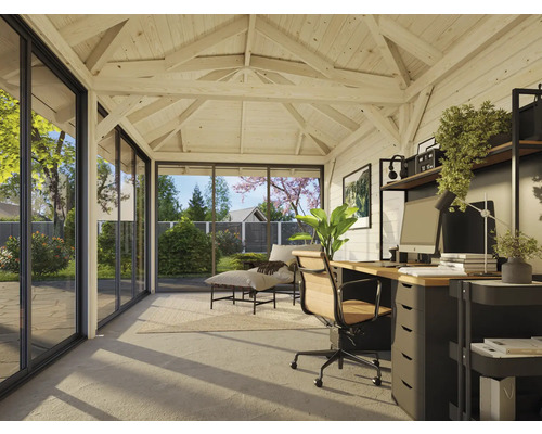 Helles Gartenhaus mit Büroausstattung und großen Fensterfronten.