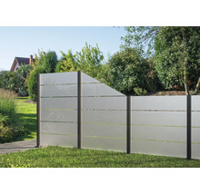 Gartenszene mit modernem Sichtschutzzaun aus blickdichtem Glas