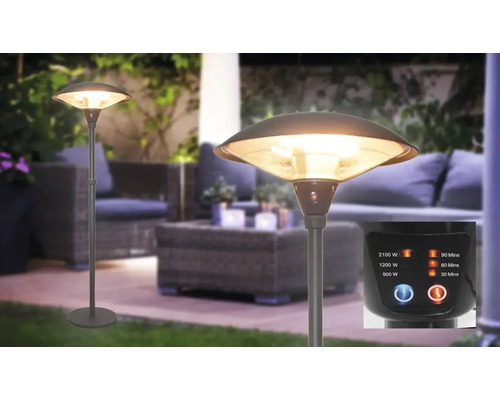 Terrassenheizer mit verschiedenen Heizstufen und Timerfunktion im Garten