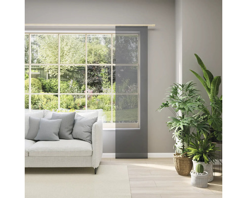 Wohnzimmer mit Fenster, Sofa und Schiebegardine für Sichtschutz