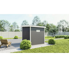Garten Szene mit Geräteschuppen, Terrasse und Gartenzaun