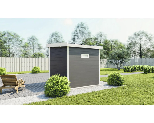 Garten Szene mit Geräteschuppen, Terrasse und Gartenzaun