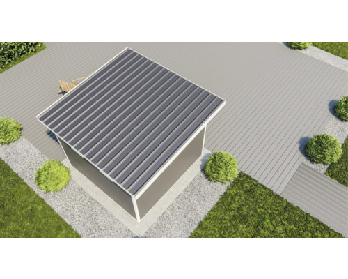 Ansicht von oben auf ein Gartenhaus mit Metalldach und angrenzender Terrasse