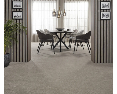 Esszimmer mit Teppichboden, Esstisch und Stühlen.