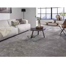 Wohnzimmer mit Teppichboden, Sofa und Couchtisch