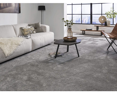 Wohnzimmer mit Teppichboden, Sofa und Couchtisch