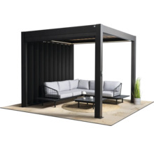 Pergola mit Lamellenwand und Sitzgruppe auf Terrasse