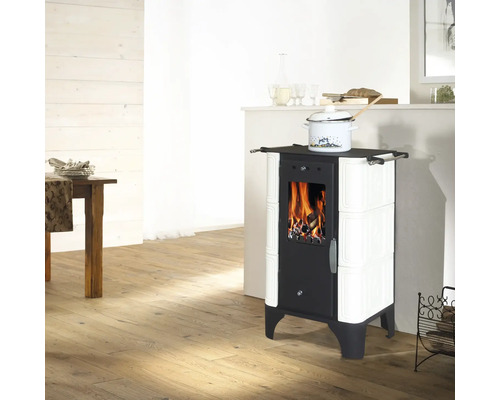 Holzofen mit Kochplatte in einem hellen Wohnraum