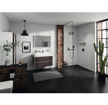 Badezimmer mit Waschtisch, Dusche, Toilette und Dekoration in modernem Design.