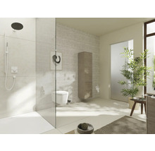 Badezimmer mit Dusche, Toilette, Waschbeckenunterschrank und Hochschrank