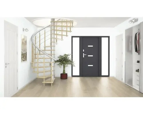 Helle Diele mit Holztreppe, Haustür und Garderobe