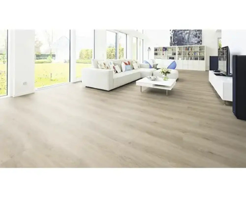 Heller Wohnraum mit Laminatboden, Sofa, Tisch und Fensterfront