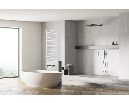 Badezimmer mit freistehender Badewanne, Handtuchwärmer und Dusche