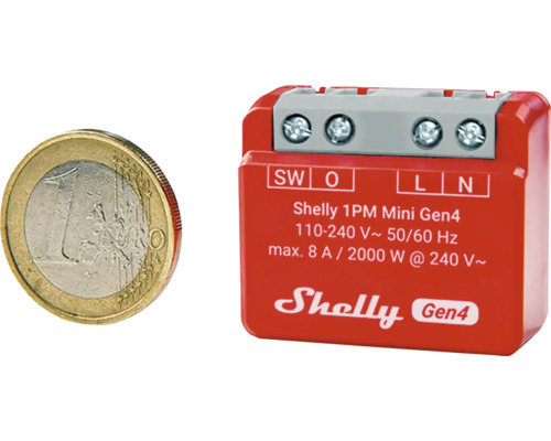 Shelly 1PM Mini Gen4 WLAN Schalter mit Euro Münze als Größenvergleich