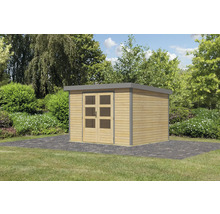 Gartenhaus aus Holz mit Doppeltür und Flachdach im Garten.