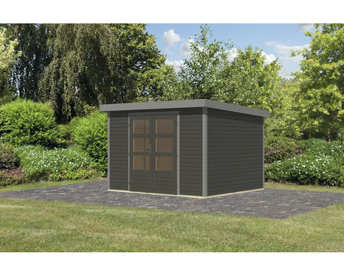 Gartenhaus aus Holz mit Doppeltür und Flachdach im Garten