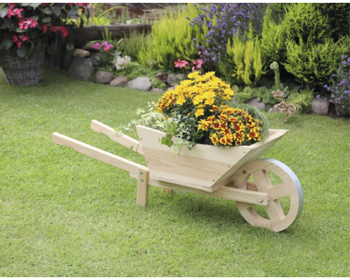 Holzschubkarre mit Blumen im Garten