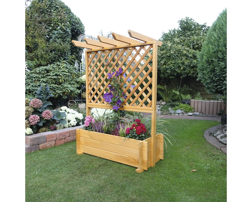 Holzpflanzkasten mit Rankgitter im Garten
