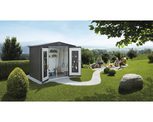 Gartenhaus Biohort Europa inkl. Dachrinne Regale Set Lüftung 224 x 80 cm dunkelgrau-metallic