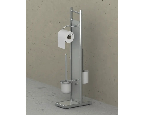Freistehende Toilettenpapierhalterung mit Bürste und Papierrollenhalterung.