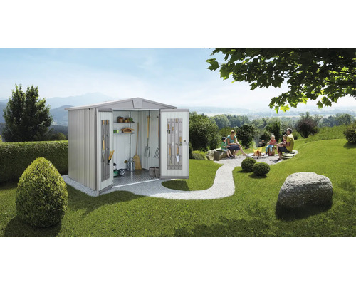 Gartenhaus Biohort Europa inkl. Dachrinne Regale Set Lüftung 296 x 296 cm silber-metallic Gartenhaus Biohort Europa inkl. Dachrinne Regale Set Lüftung 296 x 296 cm silber-metallic