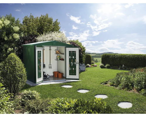 Gartenhaus Biohort Europa inkl. Dachrinne Regale Set Lüftung 296 x 224 cm dunkelgrün Gartenhaus Biohort Europa inkl. Dachrinne Regale Set Lüftung 296 x 224 cm dunkelgrün