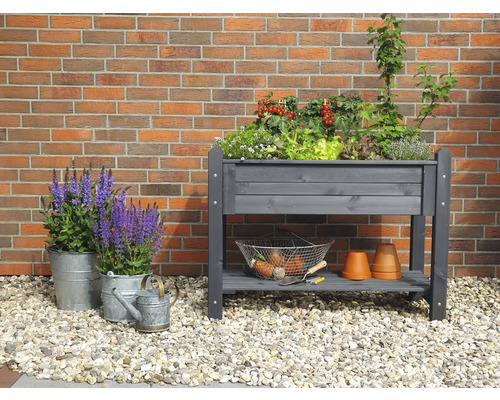 Hochbeet aus Holz mit Pflanzen, Salat und Tomaten sowie Gartenwerkzeug und Blumentöpfen