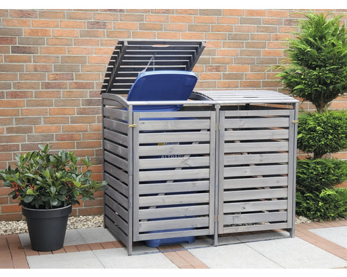 Mülltonnenbox aus Holz mit zwei Fächern und geöffnetem Deckel