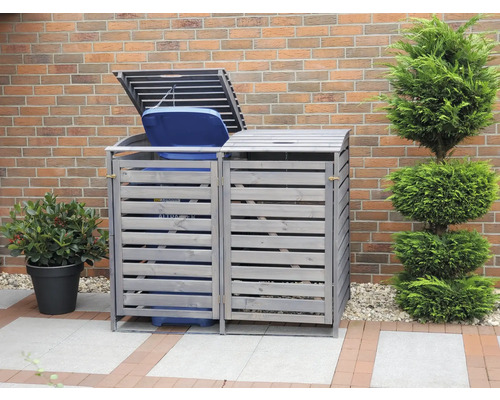 Doppel Mülltonnenbox aus Holz mit geöffnetem Deckel im Garten