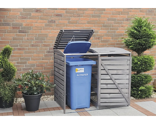 Mülltonnenbox aus Holz mit geöffnetem Deckel und blauer Papiermülltonne