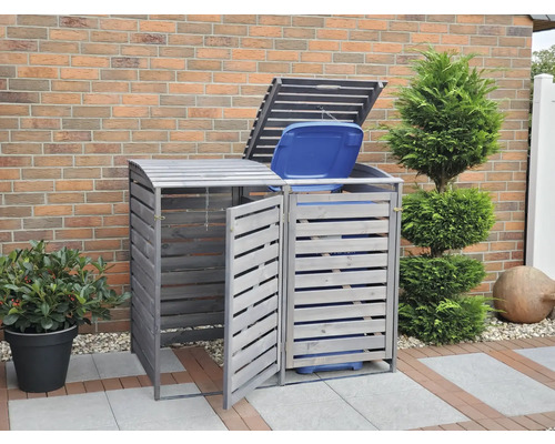 Doppel-Mülltonnenbox aus Holz mit Kippdeckel zur Aufbewahrung von zwei Mülltonnen