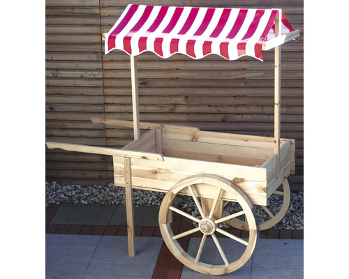 Holzbollerwagen mit rot gestreiftem Dach für den Garten