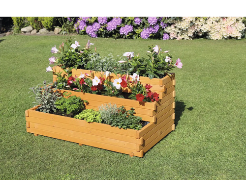 Holz Pflanzentreppe mit verschiedenen Pflanzen im Garten