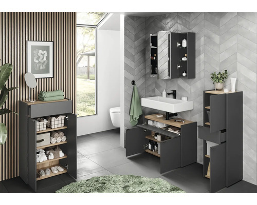 Modernes Badezimmer mit Waschbecken, Spiegelschrank und Badezimmermöbeln für zusätzlichen Stauraum