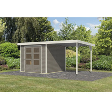 Holzgartenhaus mit Carport auf Rasenfläche