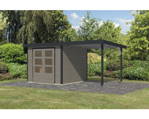Gartenhaus mit Carport aus Holz im Garten