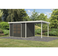 Holzgartenhaus mit Carport im Garten