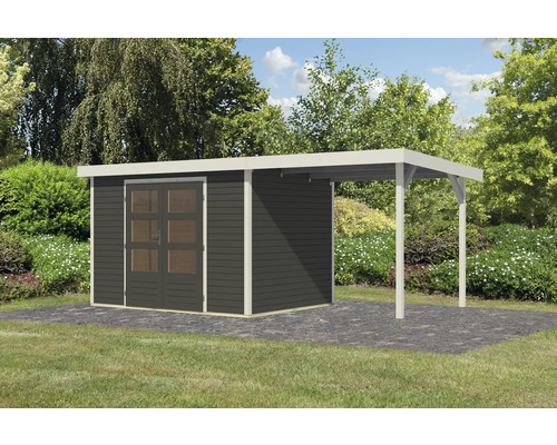 Holzgartenhaus mit Carport im Garten