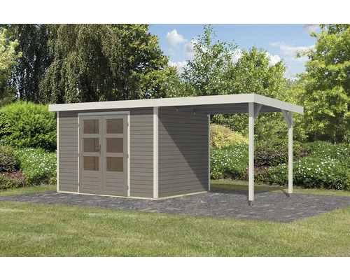 Holzgartenhaus mit Doppeltür und Unterstand im Garten