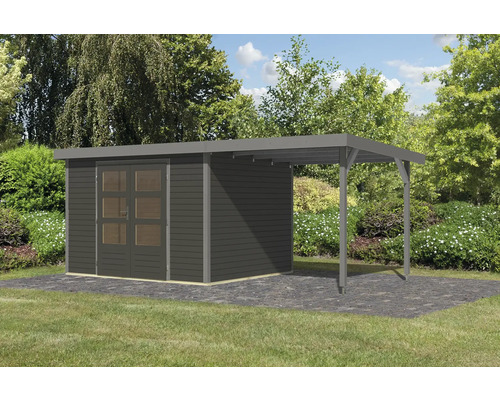 Holzgartenhaus mit Carportanbau im Garten