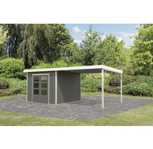 Gartenhaus Karibu Metalwood 2B Blech weiß inkl. Anbaudach 574 x 292 cm terragrau