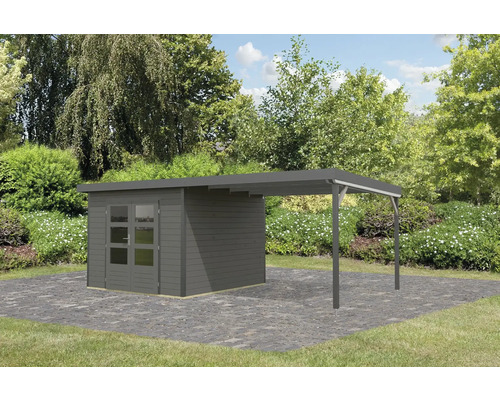 Gartenhaus mit Anbau auf gepflasterter Fläche