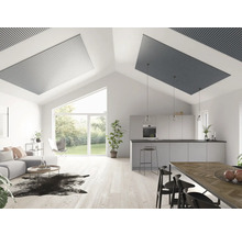 Helles Wohnzimmer mit offener Küche, Deckenpaneelen und minimalistischem Design
