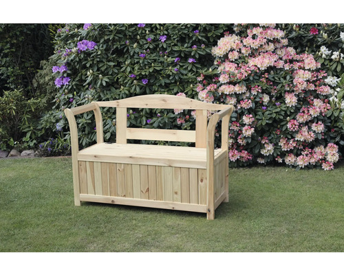 Holz Gartenbank mit Stauraum vor blühenden Büschen