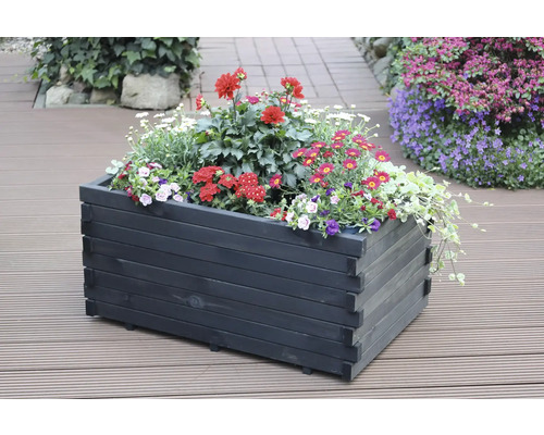 Blumenkasten aus Holz mit verschiedenen Blumen bepflanzt