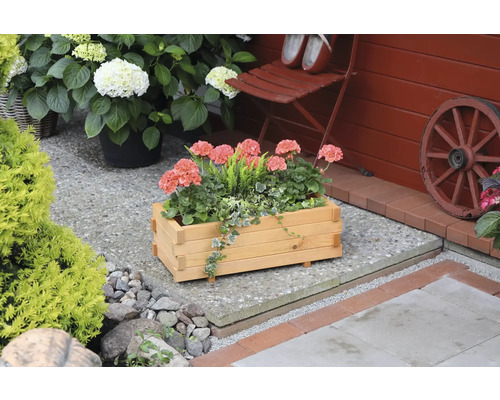 Holzblumenkasten mit Geranien im Gartenbereich