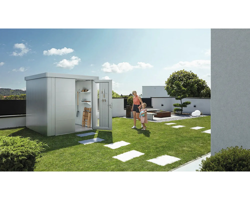 Gartenszene mit Gerätehaus, Mutter und Kind auf Rasenfläche