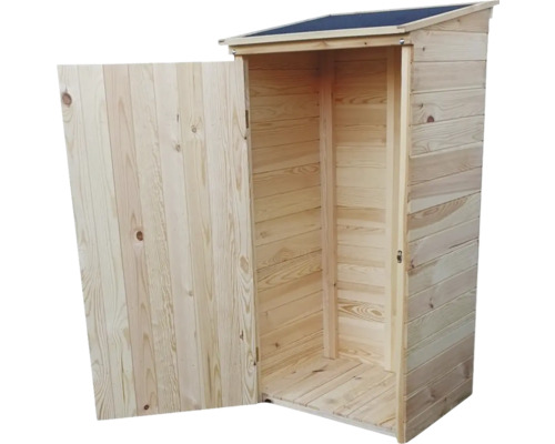 Holzgartenschrank mit geöffneter Tür zur Aufbewahrung von Gartengeräten